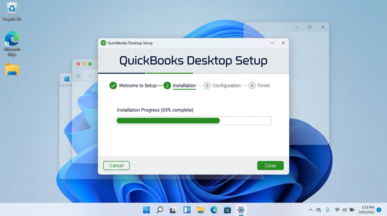 QuickBooks Desktop Setup installation progress at 65 percent