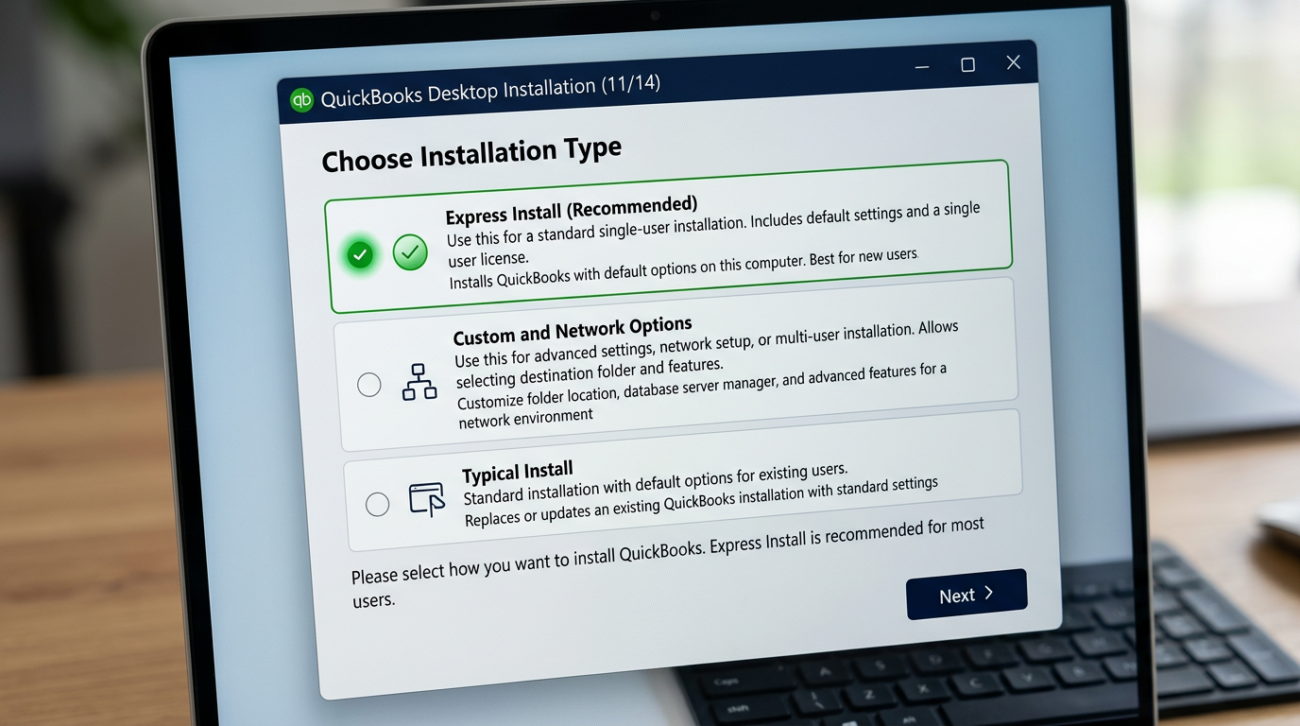 QuickBooks Desktop Installation screen with Express Install selected