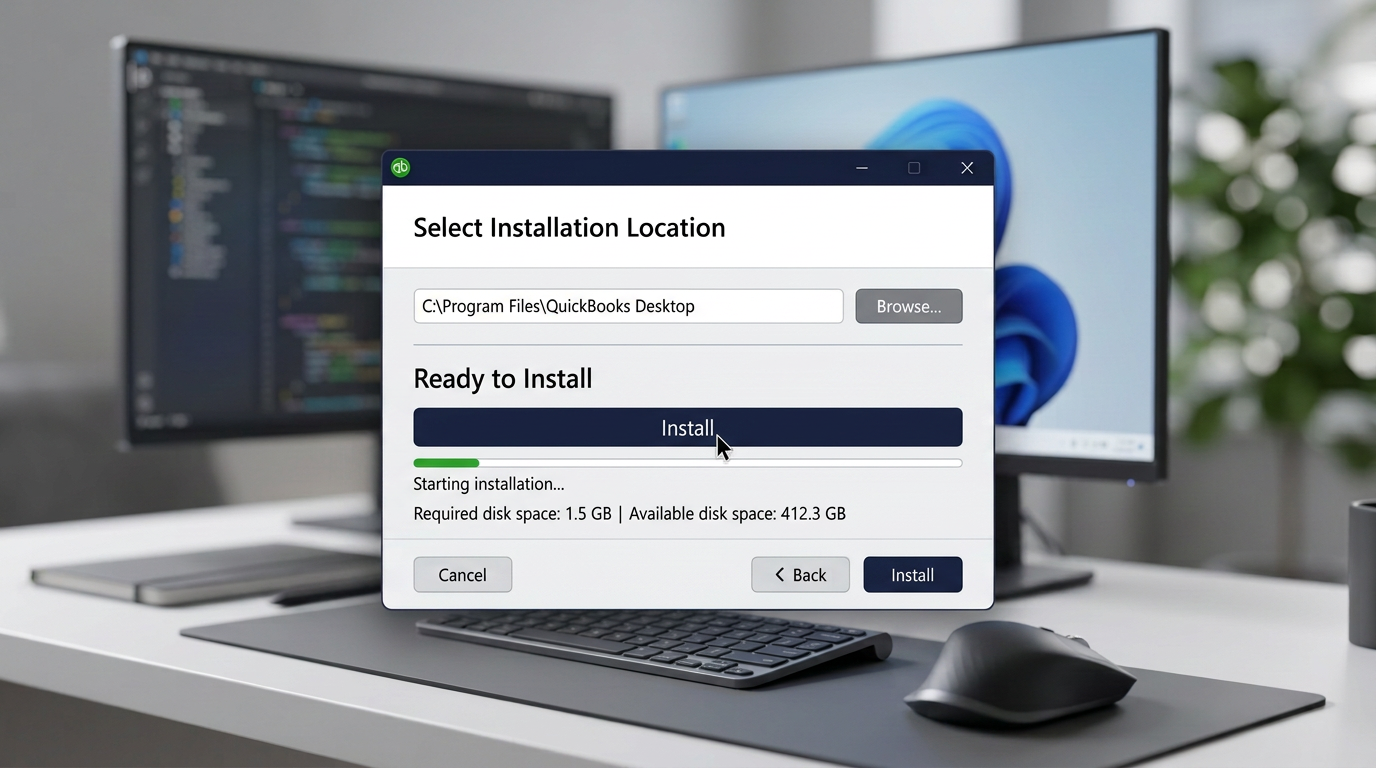 QuickBooks Desktop installer showing installation progress and disk space details